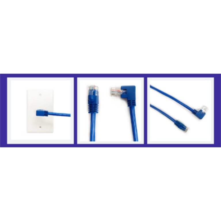 Cat 6 Angled RJ45 cable, blue,  90 degree Right exit to Straight, 3 ft